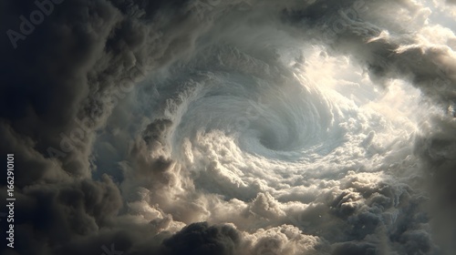 Dramatic swirling storm clouds forming a vortex in the sky with light breaking through, evoking awe