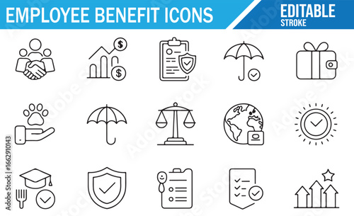 Editable icons for employee benefits, compensation packages, and workplace incentives.
