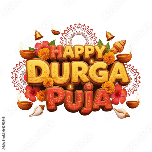 Happy durga puja festival celebration with lamps and flowers