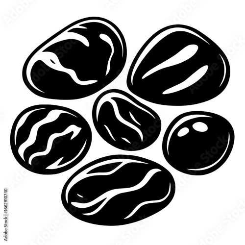 Black and White Vector Graphic of a Group of Smooth, Polished River Stones or Pebbles for Spa, Zen, or Decoration