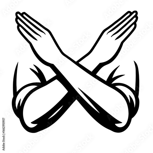 Black and White Vector Graphic of Crossed Arms Forming an X Symbolizing Stop, Refusal, or Prohibition