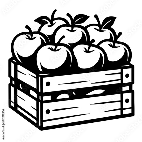Monochrome Vector Graphic of a Bushel of Fresh Apples in a Wooden Crate, Symbolizing Harvest and Produce