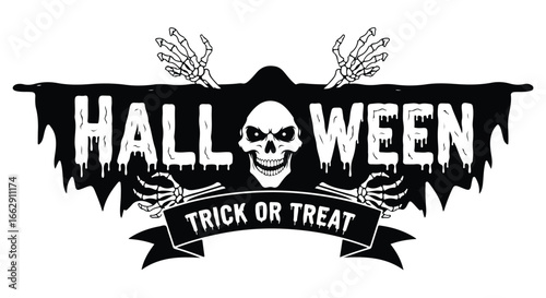 Creepy halloween banner with grim reaper and trick or treat message