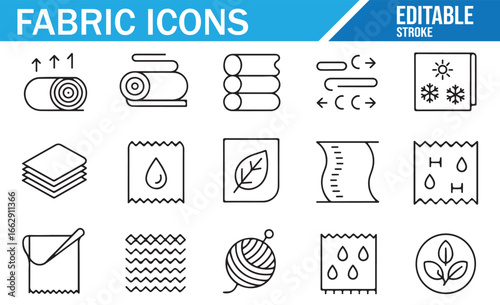 Editable fabric and textile icons for use in sustainable fashion and design.