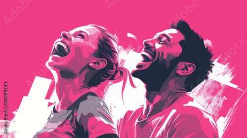 Two friends are laughing joyfully together, surrounded by a bright pink backdrop. Their expressions reflect happiness and a carefree moment, perfectly illustrating friendship and fun.
