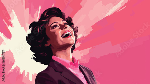 A woman with curly hair is depicted in a professional outfit, joyfully laughing as bright pink colors radiate around her, creating a lively and optimistic atmosphere.