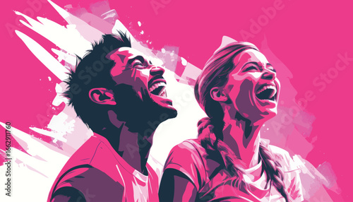 A man and woman share a lighthearted moment, both laughing joyfully as they tilt their heads back. The bright pink background enhances their happiness and the vibrant atmosphere.