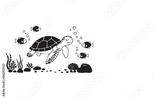 Happy Sea Turtle Swimming with Fish and Coral - Underwater Outline Illustration
