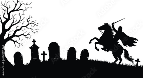 Spooky halloween silhouette cemetery scene with horseman and bare tree perfect for spooky season decorations