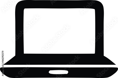 Simple black silhouette icon of an open laptop computer displaying a blank screen ready for use in digital content creation and design projects