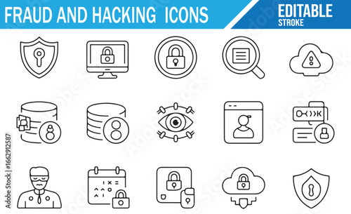 Set of editable fraud and hacking-related icons for cybersecurity themes.