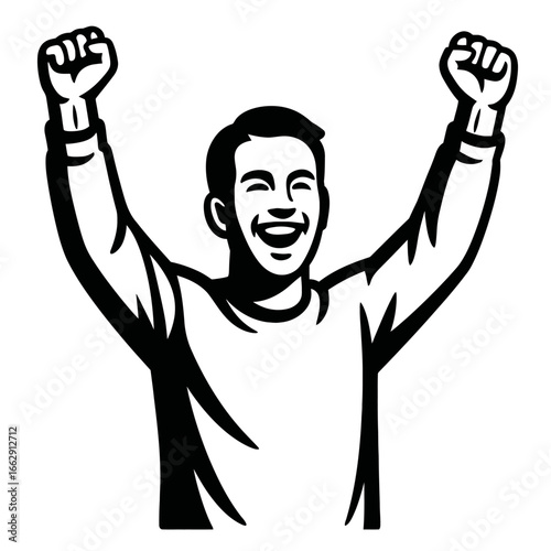 Joyful black and white illustration of a man with arms raised in celebration, expressing triumph and happiness.