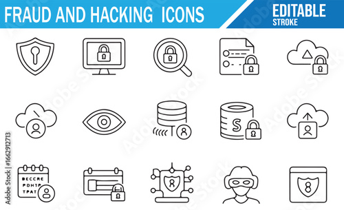 Editable collection of line icons related to fraud and hacking, including security, encryption, cloud, and online protection concepts.