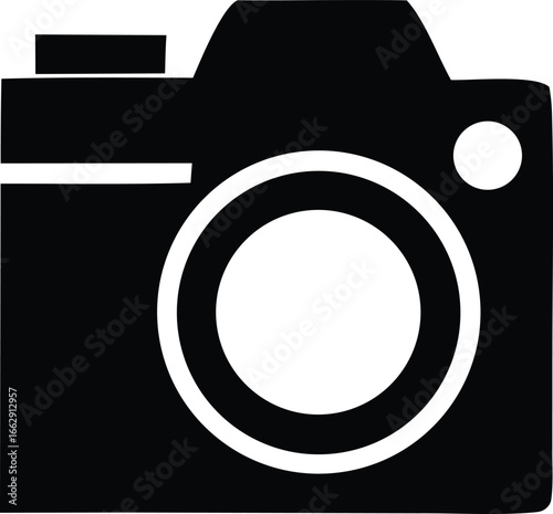 Simple black and white silhouette of a modern digital camera icon perfect for photography related projects