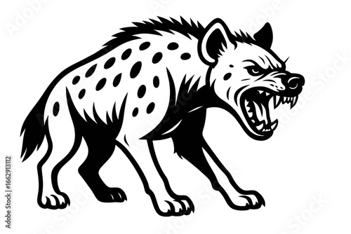 Fearsome black and white illustration of a hyena snarling, showcasing its powerful jaws and spotted coat.
