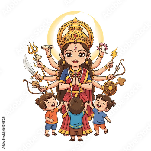 Charming illustration of goddess durga with children celebrating navratri festival