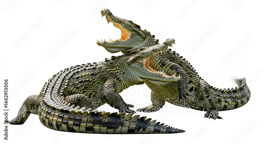 Fototapeta premium Two crocodiles engaged in a fierce struggle, jaws open, displaying powerful teeth and scales against a stark white background.