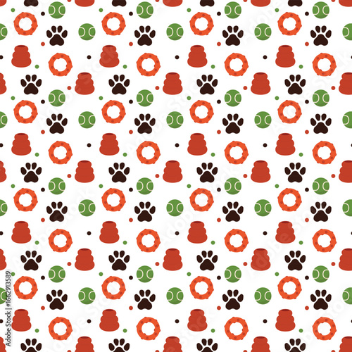 Seamless pattern with dog toy and paw print. pet animal supplies.