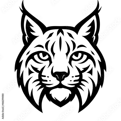 Intense black and white illustration of a lynx's head, featuring striking facial markings and tufted ears.