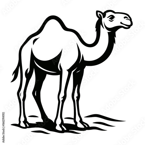 Black and white illustration of a dromedary camel standing in a desert landscape, symbolizing endurance and travel.