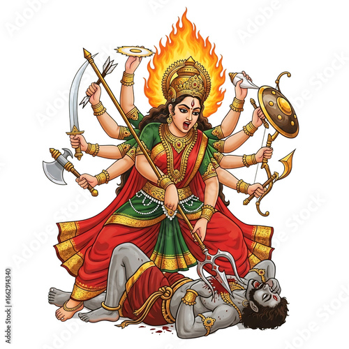 Powerful hindu goddess durga in fierce battle triumphant over demon