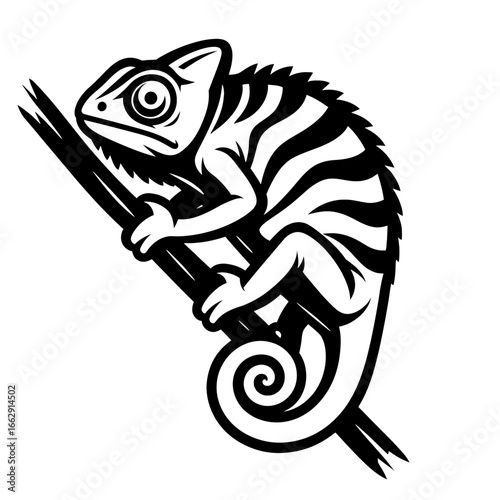 Stylized chameleon in black and white, clinging to a branch. Vector graphic ideal for designs about adaptation, change, or nature.