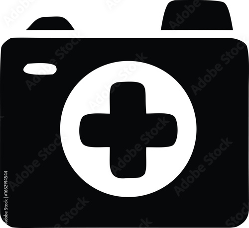 Simple black and white icon of a camera with a medical cross symbol on lens represents healthcare photography and medical imaging services