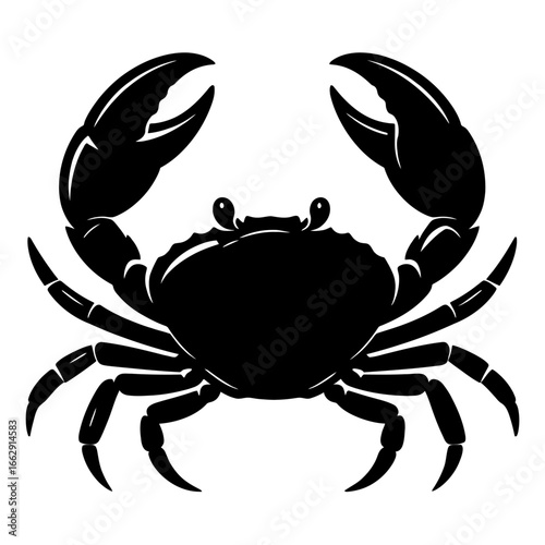 Black and white vector illustration of a crab with claws raised. A striking symbol for seafood, marine life, or zodiac signs.