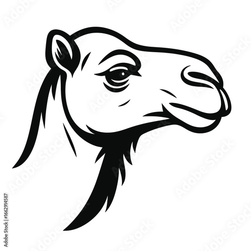 Stylized camel head, black and white vector graphic. Perfect for logos, emblems, and desert-themed designs.