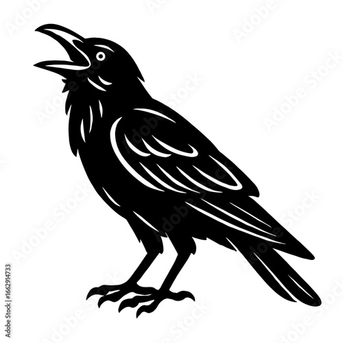 A dramatic black and white illustration of a raven with its beak open, as if cawing, with detailed wing and feather textures.