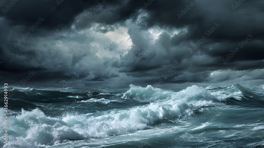 Fototapeta premium Dramatic stormy sea with turbulent waves and dark clouds, capturing nature's raw power and beauty