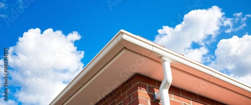 Clean white PVC gutters installed on a brick house against a bright blue sky with fluffy clouds,   building,  rainwater
