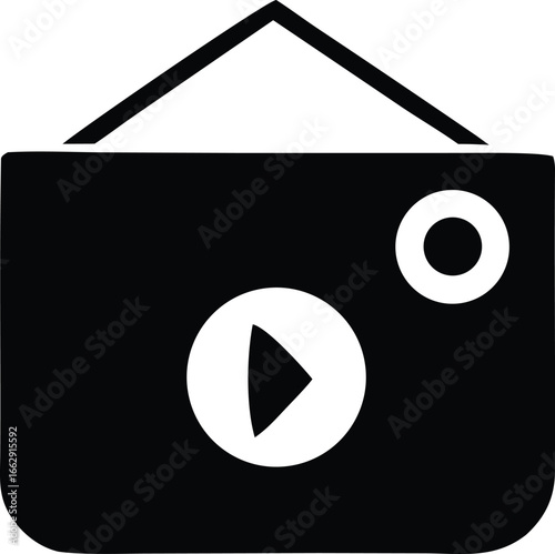 Simple black and white icon symbolizing media playback and recording featuring a camera lens and a play button for digital content creation and entertainment