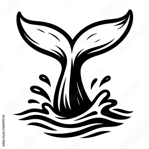 A dynamic black and white illustration of a whale's tail fluke emerging from splashing water, symbolizing the ocean.