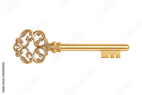 Elegant antique gold key symbol of luxury and success isolated on white background, golden vintage key, antique gold key isolated, clip art, png