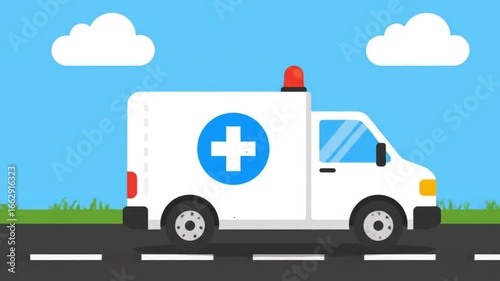Emergency ambulance car driving on road medical vehicle healthcare transport rescue service hospital illustration design