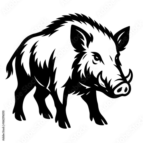 A powerful black and white graphic illustration of a wild boar walking, with its tusks and bristly mane prominent.
