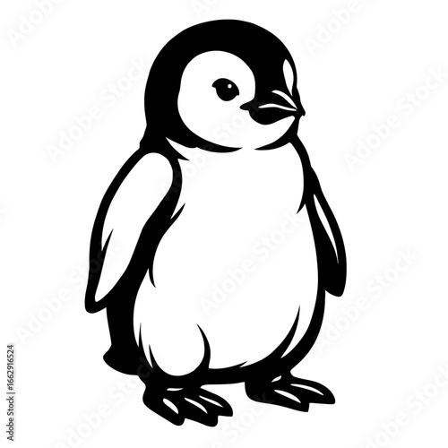 An adorable black and white graphic illustration of a penguin chick, standing upright with its characteristic fluffy feathers.