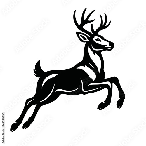 A dynamic black and white graphic illustration of a deer leaping, showcasing its majestic antlers and graceful form in motion.