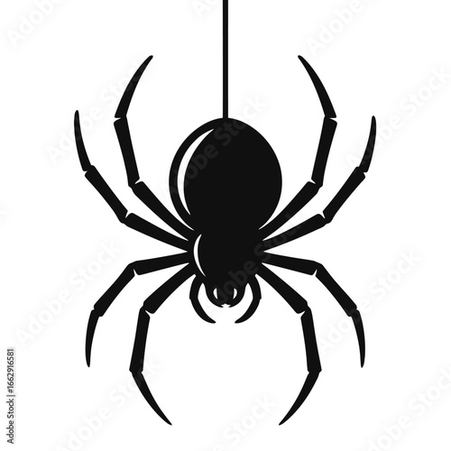 A minimalist black and white graphic illustration of a spider suspended by a silk thread, evoking a sense of suspense.