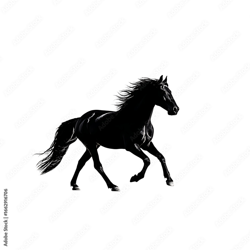 Obraz premium Dramatic black Friesian horse gallops powerfully, its dark silhouette and flowing mane creating a sense of mystery and wild elegance perfect for equestrian themes
