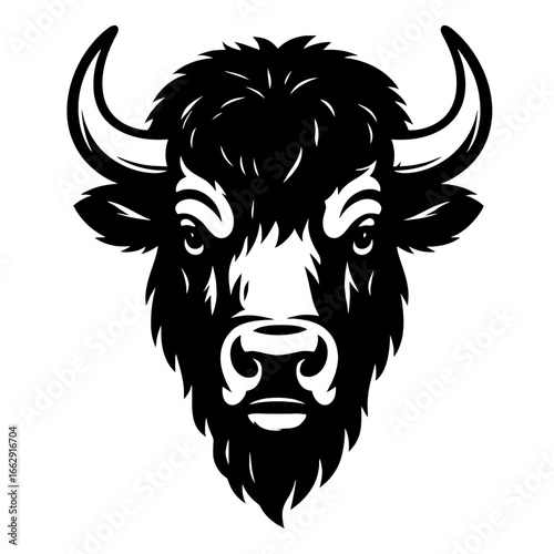 A powerful black and white graphic illustration of a bison's head, showcasing its impressive horns, shaggy mane, and stoic expression.