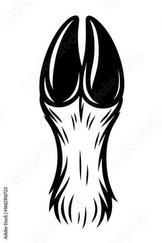 A clear black and white graphic illustration of a deer's hoof print, showing the distinct split and textured detail.