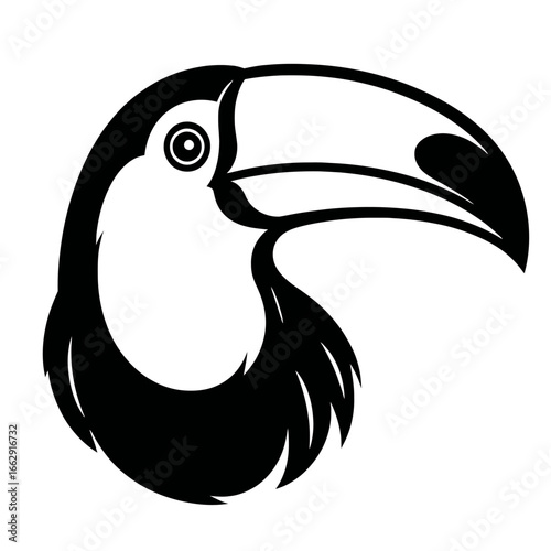 A striking black and white graphic illustration of a toucan's head, highlighting its iconic, oversized beak and alert eye.