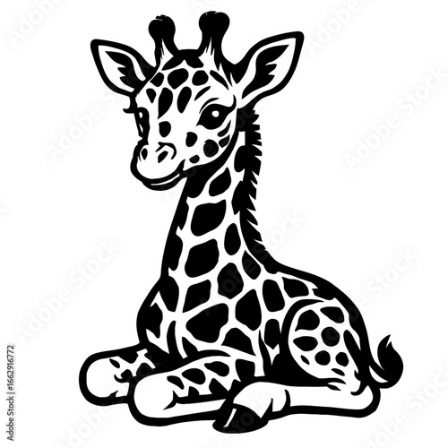 Adorable baby giraffe sitting down, showcased in a charming black and white graphic illustration with its iconic patterned coat.