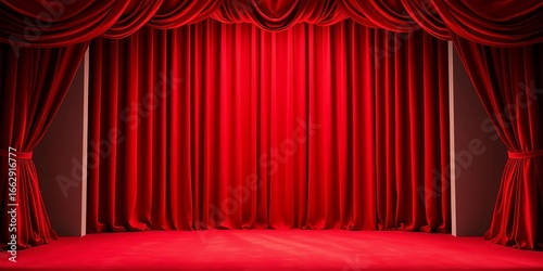 Crimson stage, red velvet curtains framing red & white striped backdrop,  visual,  stage