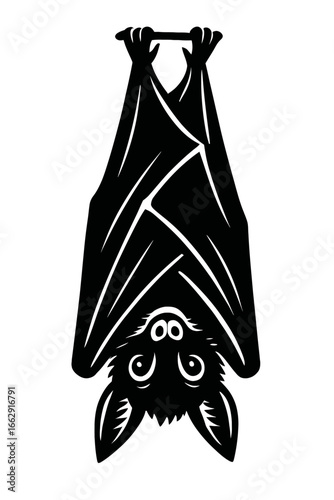 A striking black and white graphic illustration of a bat hanging upside down, with its wings folded, creating a mysterious silhouette.