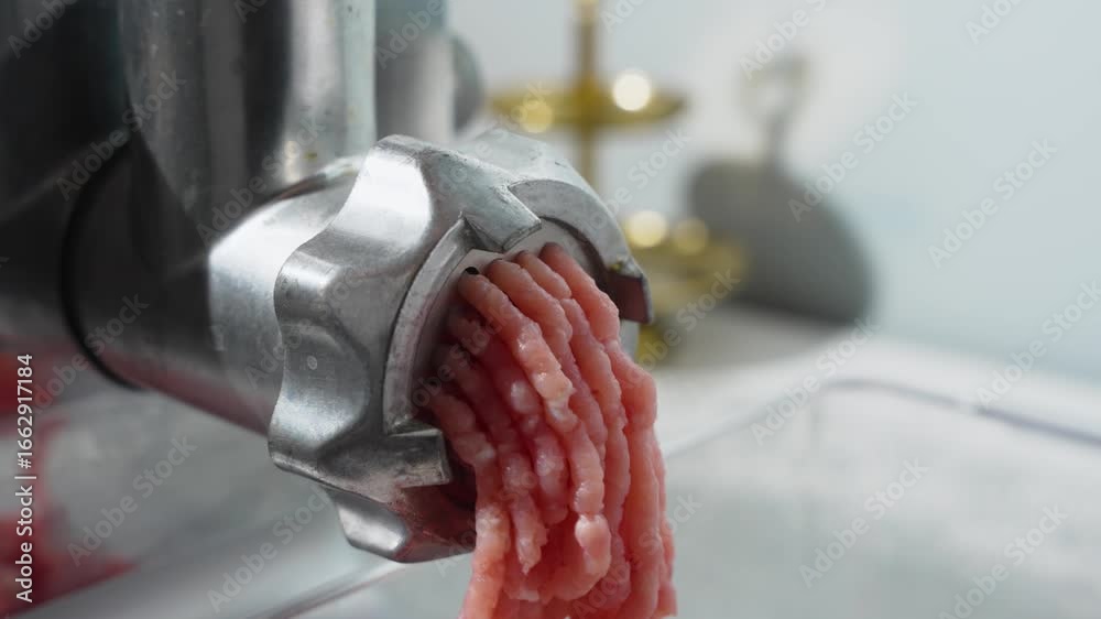 Long strands of ground meat emerge from the meat grinder. The machine operates continuously.