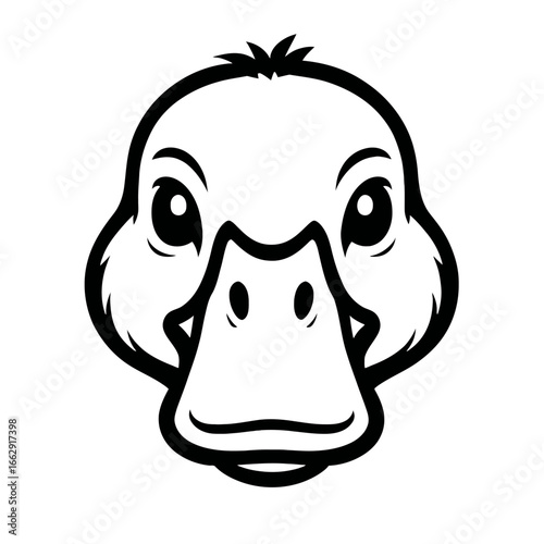 A charming close-up portrait of a duck's face, featuring its distinctive bill and bright eyes, rendered in a clean black and white graphic style.