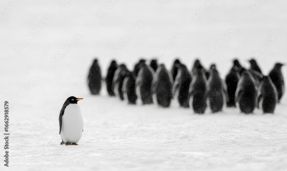 Fototapeta premium A lone penguin stands apart from a group